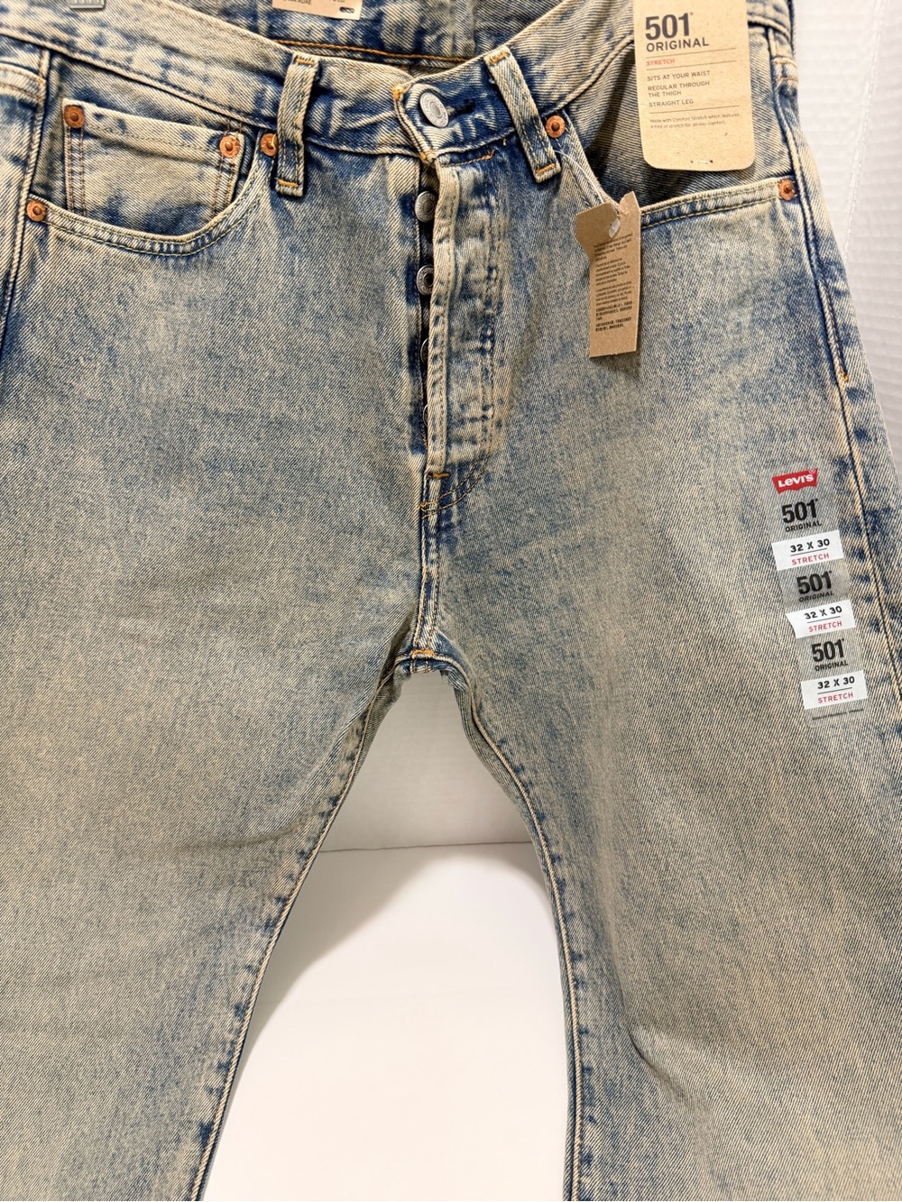 Levi’s 501 Original Men’s Jeans 32x30 Light Wash Stretch Straight Leg NWT - Picture 14 of 15